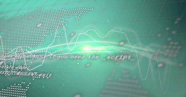 Yeşil ışık düğümü, dijital panelde veri akışı yapıyor. Bulanık kod ve dünya haritasını gösteriyor. Gelecekçi, teknoloji, veri, siber güvenlik, dijital, yenilik, ağ