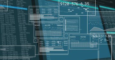 Masadaki çift monitörlerde kod, veri tablosu ve çizgi grafiğini gösteren saydam UI pencereleri. Futuristik, teknoloji, arayüz, analitik, dijital, soyut, veri görselleştirme