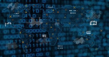 Dünya haritası mavi ikili ağ üzerinde arayüzde, uğursuzluk kümeleri, uyarı simgeleri ve işaretleyicilerle örtülüyor. Küresel dijital, siber güvenlik, fütüristik, veri analizleri, ağ, bağlantı, teknoloji
