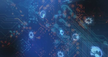 Güvenlik panelinde soyut ağ deseni gösteriliyor, devre izli kafatası ikonları Dünya haritası. Fütüristik, teknolojik, siber uzay, dijital, siber güvenlik, arayüz, yenilik