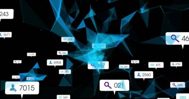 Siyah arkaplan üzerinde çokgen ağ gösteriliyor, simge baloncukları kullanıcı arama e- posta sayısını gösteriyor. Fütürist, teknoloji, dijital, ağ, soyut, veri, siber