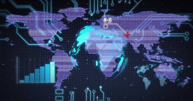 Karanlık ızgara arayüzünde dünya haritası gösteriliyor, neon devreler, kırmızı işaret, bar çizelgesi, giriş haritası. Teknoloji, yenilik, veri görselleştirme, bağlantı, gelecekçilik, dijital arayüz, analitik