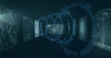 Veri panelleri ve DNA sarmalı ile koridorda yüzen merkezi holografik arayüz gösteriliyor. Gelecekçi, teknoloji, dijital, sürükleyici, bilim kurgu, holografik, yenilikçi