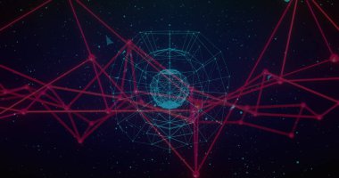 Yıldız alanındaki kafesin içinde kırmızı ağ çizgileri ve düğümleri olan merkezi Cyan kablo küresi dönüyor. Fütürist, dijital, soyut, teknoloji, ağ, siber güvenlik, yenilik