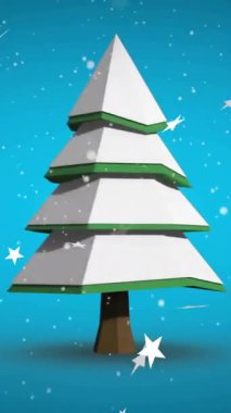 Yıldızların mavi arka planda düştüğü Noel ağacı, bayram animasyonu. Kutlama, kış