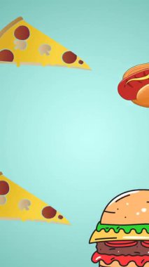 Düşen pizza, hamburger ve sosisli sandviçlerin mavi arka planda canlandırılması. Mutfak, yemek ve yemek konsepti dijital olarak üretilmiş animasyon.