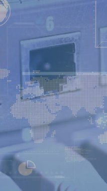 Animation of data processing over network of connections with icons and scope scanning. Global technology, online security and digital interface concept digitally generated video.