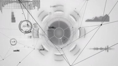 Merkezi dairesel HUD görünümü, saat yönünde dönen disk, veri görünümü için çizelgeleri birbirine bağlayan ağ çizgileri. Fütürist, teknoloji, analitik, gösterge paneli, minimalist, dijital, bilim