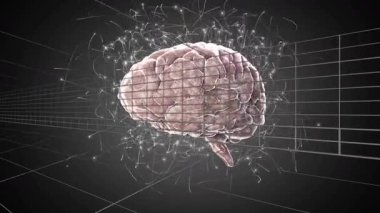 Dizide 3D beyin dönmeye ve parçacıkları yaymaya başla. Veri akışlarını görselleştir. Sinirsel ağ, veri görselleştirme, bilim, teknoloji, dijital ortam, yenilik, soyut
