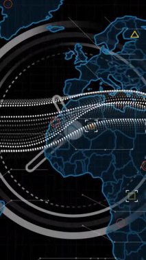 Dünya haritası üzerinde dijital veri işleme animasyonu. Dijital olarak oluşturulmuş küresel yapay zeka, bağlantılar, hesaplama ve veri işleme kavramı.