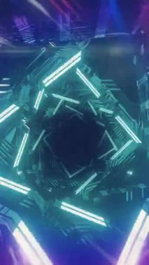 Siyah arkaplanda dönen neon tünelin animasyonu. Renk, kalıp dijital olarak oluşturulmuş bir hareket kavramı.