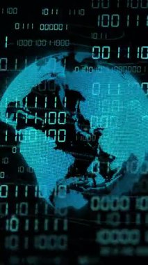 Dünya üzerinde ikili kodlama veri işleme animasyonu. Dijital olarak oluşturulmuş küresel yapay zeka, bağlantılar, hesaplama ve veri işleme kavramı.