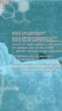 Animation of chemical formulas and data processing over caucasian senior male lab worker. animation of chemical formulas and data processing over caucasian female lab worker with computer.