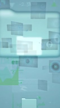 Mavi arkaplanda veri işleme ve dosya simgelerinin canlandırılması. küresel iş, finans, bağlantılar ve dijital arayüz konsepti dijital olarak oluşturulmuş video.