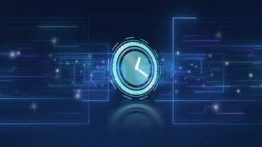 Yük olduğunda, saat elleri döner halkalar titreşen parçacıklar sürüklenirken ve sönen simülasyon kapanırken. Teknoloji, fütürizm, dijital, hareket, yenilik, soyut, veri