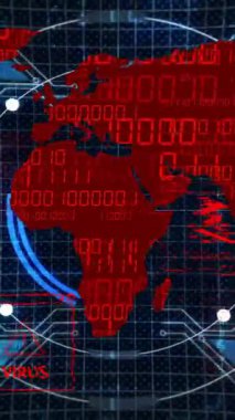 Dijital ikili kod arka planında virüs uyarıları olan dünya haritasının animasyonu. Genel, salgın, alarm, siber güvenlik, veri, ağ