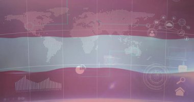 Izgara örtüsünü, noktalı dünya haritasını, titreşen simgeleri, veri için el sallayan bantları gösteren görüntüler açılıyor. Teknoloji, veri görselleştirme, arayüz, dijital, analitik, animasyon, bağlantı