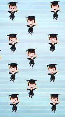 Mavi arka planda yüzen birden fazla mezun erkek ikonlarının dijital animasyonu. Okula ve eğitim konseptine dönüş