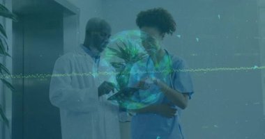 Doktor tıkırdayan yaprak, hemşire bitki sağlığını takip ederken küresel dalga formu ortaya çıkıyor. İşbirliği, sağlık, yenilik, teknoloji, profesyonellik, büyüme, iletişim