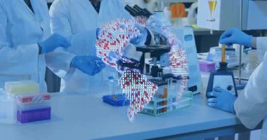 Dönen dünya başlangıç analizi, mikroskop odaklı bilim adamı ve teknisyen mikseri. Araştırma, yenilik, bilim, teknoloji, laboratuvar, kesinlik, deney