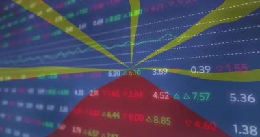 Finansal veriler açılıyor ve doluyor, kırmızı kama yükseliyor ve piyasa eğilimlerini gösteren dalgalanmalar var. Analitik, dinamik, bilgi, görselleştirme, dijital, veri güdümlü, fütüristik