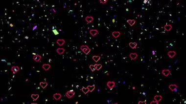 Konfeti kalp fırlatıyor, kümeler halinde yüzüyor ve animasyonda aşkı kutluyor. Romantik, kutlama, canlı, dinamik, duygu, soyut, şenlikli