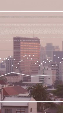 Animation of financial data processing over cityscape. Global business, finances, computing and data processing concept digitally generated video.