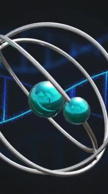 Atomun üzerinde DNA ipliği ve bilimsel veri işleme animasyonu. Küresel bilim, bağlantılar, hesaplama ve veri işleme kavramı dijital olarak oluşturulmuş video.