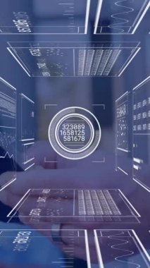 Okul ortamında veri ve grafiklerle birlikte gelecekteki dijital arayüzün animasyonu. Teknoloji, yenilik, eğitim, sanal, analitik, sınıf