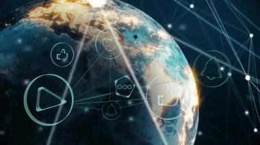 Dış uzay, sosyal simgeleri ve metrik animasyonları birbirine bağlayan ağ ile dönen 3 boyutlu dünyayı başlatıyor. Futuristik, dijital, teknoloji, küresel, analitik, ağ, ağ