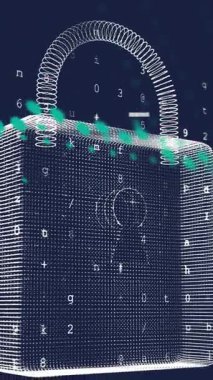 Grafik animasyonu asma kilit, harfler, numaralar ve siyah arkaplan üzerinde. Dijital olarak üretilen hologram, illüstrasyon, koruma, güvenlik, küreselleşme ve teknoloji kavramı.