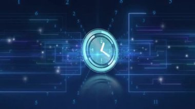 Ana hatlar oluştuğunda, siyan saat yüzeyi beliriyor, eller ilerliyor, rakamlar geri sayıyor. Gelecek, teknoloji, veri, dijital, soyut, hareket, şematik