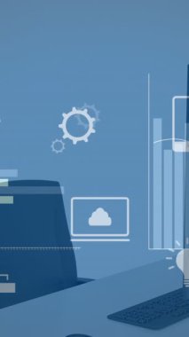 Ofisteki masada finansal veri işleme animasyonu. Küresel iş, finans, hesaplama ve veri işleme kavramı dijital olarak oluşturulmuş video.