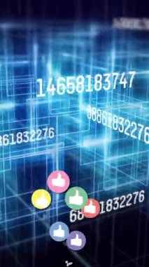 Dijital şebeke arka planında simgeleri ve numaraları gösterir. Teknoloji, beğeni, sanal alan, sosyal, ağ, onay