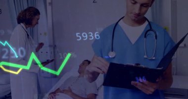 Hasta kayıtlarını çeviren erkek hemşire, doktoru sağlık kontrolüne yönlendiren animasyonlu grafikler üretiyor. Klinik, sağlık, izleme, veri görselleştirme, takım çalışması, tanı, tıp eğitimi