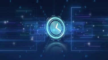 Dijital aktivasyon başlatma saati içe doğru hareket eden parçacıkları ve verileri görselleştiren kavisleri gösteriyor. Futuristik, teknoloji, hareket, arayüz, analitik, dijital, yenilik