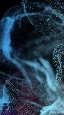 Çok renkli noktaların animasyonu siyah arkaplana karşı dinamik dalgalar oluşturuyor. Dijital olarak üretilmiş, hologram, illüstrasyon, aydınlatılmış, veri, bağlantı, fütüristik, parçacık ve teknoloji.