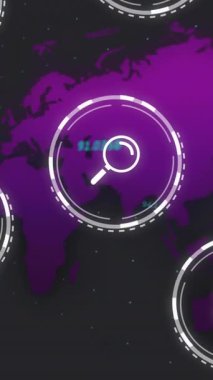 Dünya haritası üzerinde iş simgeleri ve veri işleme animasyonu. technology, global, digital, network, analytics, geographic