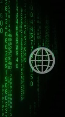 Düşen sayılar üzerine dünya simgelerinin animasyonu ve siyah arkaplan üzerine ikili kodlar. Dijital olarak üretilmiş, hologram, küreselleşme, iş, büyüme, bilgisayar dili, teknoloji kavramı.