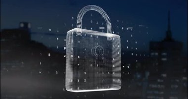 Sayısal asma kilit görünürken, rakamlar yakınlaşırken ve veri akışı güvenliği gösterirken, döner. Siber uzay, siber güvenlik, dijital, şifreleme, veri, teknoloji, yenilik