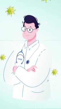 Beyaz arka planda doktor ve virüs hücrelerinin canlandırılması. Grip, hastalık, virüs ve aşı konsepti dijital olarak üretilen video.