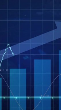 Çizgi ve çizgi grafiklerini yukarı doğru okla gösteren animasyon finansal büyümeyi gösteriyor. Finans, analitik, başarı, strateji, ilerleme, eğilim