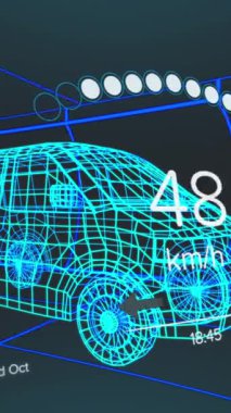 Hız göstergesi ve veri işleme cihazının 3 boyutlu kamyon modeli üzerinde kusursuz bir tünel karşısındaki animasyonu. Otomobil mühendisliği ve teknoloji kavramı