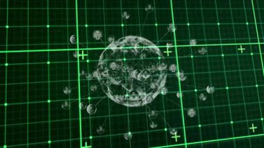 Yeşil ızgarada kablo küresi açılıyor, yüzleri ortaya çıkan küreler, yörüngede dönüyor ve ağ oluşturuyor. Gelecek, teknoloji, siber, dijital, sanal, bağlantı, yenilik