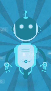 Uçan robot animasyonu ve mavi arka planda güneş patlaması üzerine uyarı çubukları. Dijital olarak oluşturulmuş, hologram, illüstrasyon, sosyal medya anımsatıcı, makine öğrenme ve teknoloji kavramı.