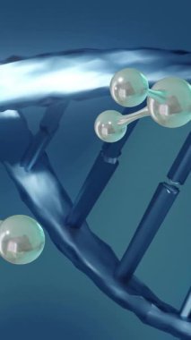 DNA iplikçiklerinin üzerinde dönen moleküllerin animasyonu. Küresel bilim, bağlantılar, hesaplama ve veri işleme kavramı dijital olarak oluşturulmuş video.