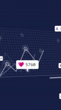 Sosyal medyanın animasyonu ve karanlık arka planda finansal veri işleme. Küresel iş, finans, hesaplama ve veri işleme kavramı dijital olarak oluşturulmuş video.