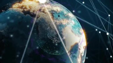 Fırlatma sırasında 3 boyutlu küresel ağ oluşumunu etkinleştirir, darbe düğümleri etrafında döner, verileri görselleştirir. Gelecekçi, teknoloji, siber uzay, görselleştirme, dijital, yenilik, küresel