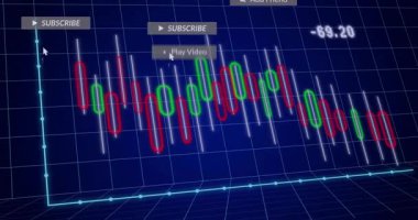 Sahne başlangıcı 3 boyutlu şamdan çizelgesi sağa kayıyor, düğmeler ve uyarılar çarpışmayı gösteriyor. Finansal, veri görselleştirme, kullanıcı arayüzü, dijital torpido, neon, teknoloji, analitik
