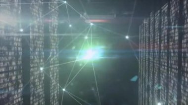Sütunlar koridor oluştururken ağ düğümleri parlıyor, titreşiyor ve ağ desenlerini yeniden şekillendiriyor. Teknoloji, siber güvenlik, veri, yenilik, dijital, fütüristik, ağ